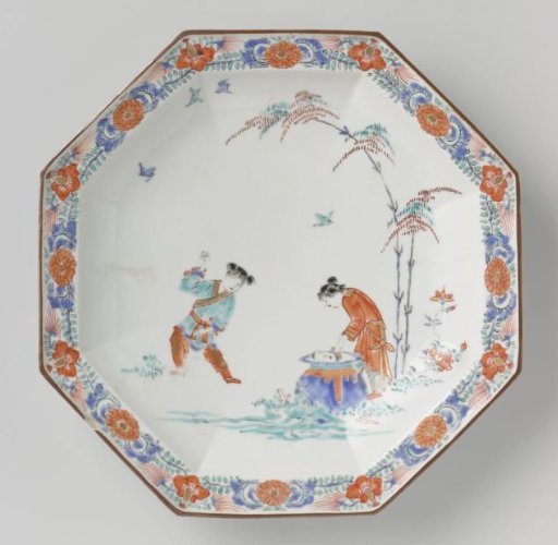 Octagonal plate with an image of Shiba Onko and floral scrolls