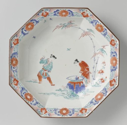 Octagonal plate with an image of Shiba Onko and floral scrolls