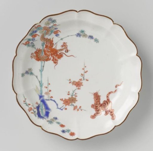 Lobed dish with dragon, tiger, bamboo and prunus