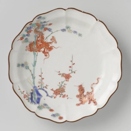Lobed dish with dragon, tiger, bamboo and prunus