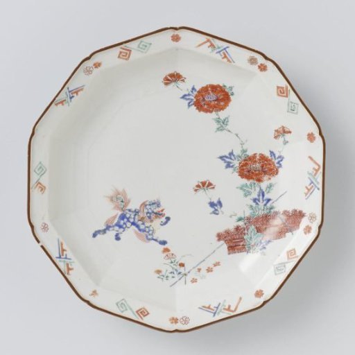 Decagonal dish with shishi and tree peony