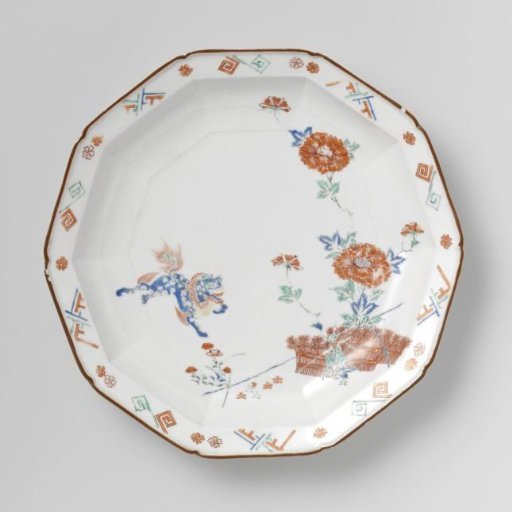 Decagonal dish with shishi and tree peony