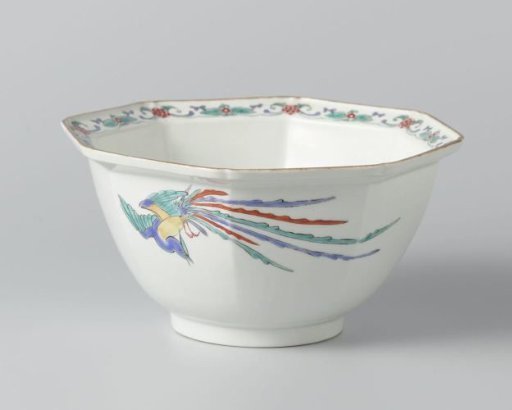 Octagonal bowl with prunus and hoo bird