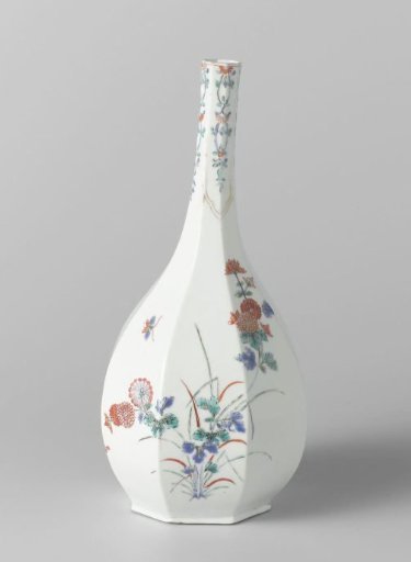 Octagonal pear-shaped bottle vase with flowering plants and floral scrolls