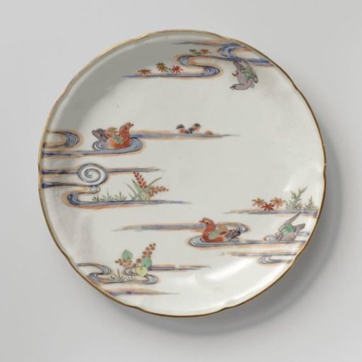 Saucer-dish with flower sprays in relief and two mandarin ducks in a pond