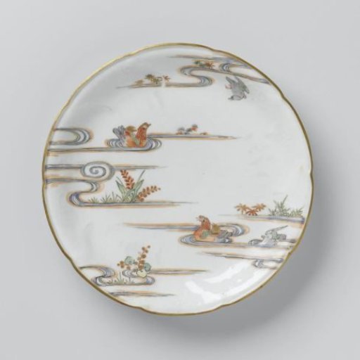 Saucer-dish with flower sprays in relief and two mandarin ducks in a pond