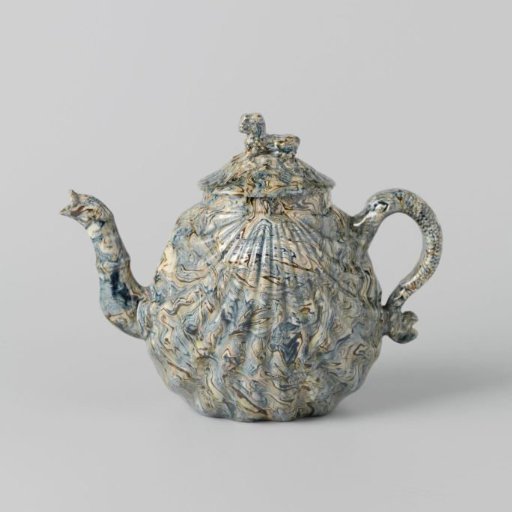 Teapot of hard-fired earthenware; Staffordshire (so-called Whieldon, agate ware).