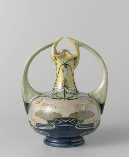 Vase with arrowhead, water lilies, and butterflies