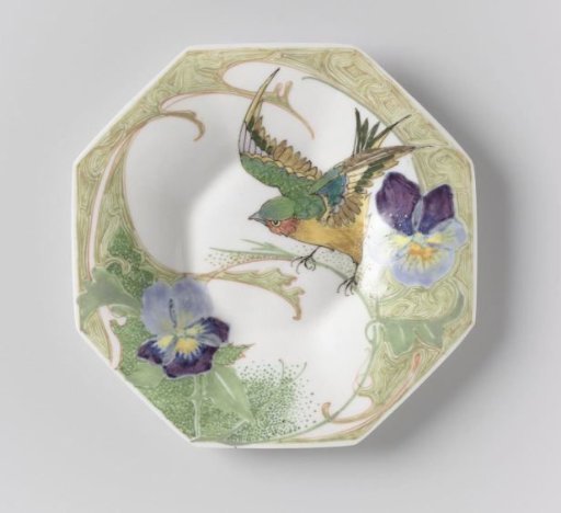 Plate, part of a service, painted with birds and violins