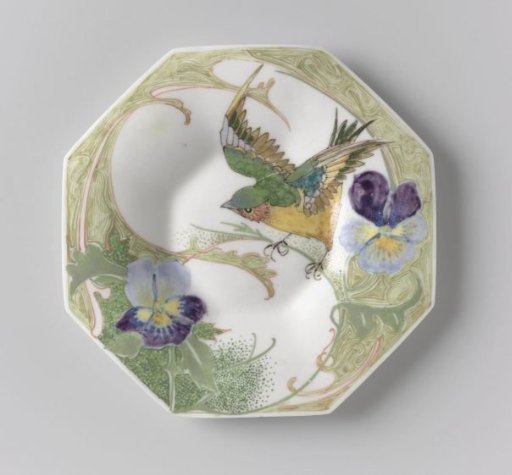 Plate, part of a service, painted with birds and violins