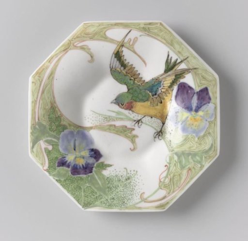 Plate, part of a service, painted with birds and violins
