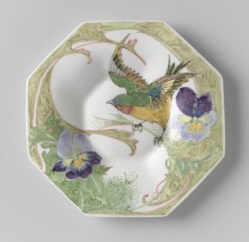 Plate, part of a service, painted with birds and violins