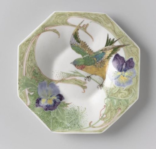 Plate, part of a service, painted with birds and violins