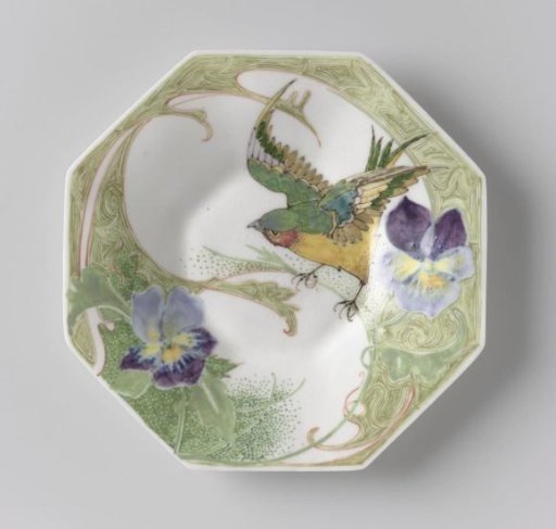 Plate, part of a service, painted with birds and violins