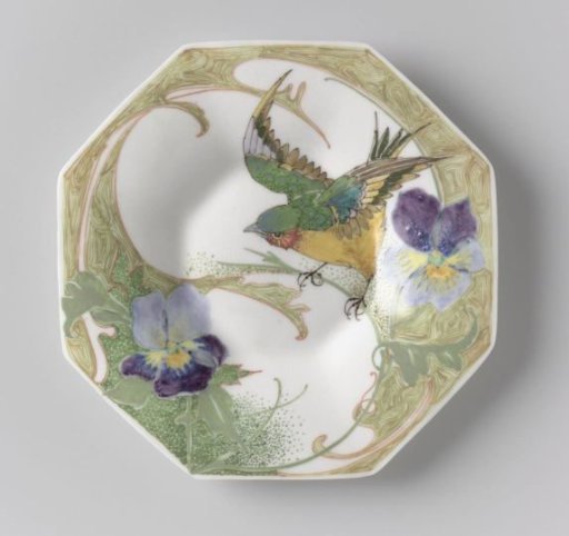 Plate, part of a service, painted with birds and violins