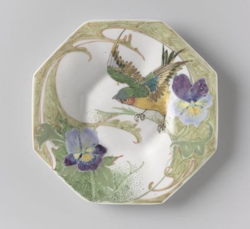 Plate, part of a service, painted with birds and violins