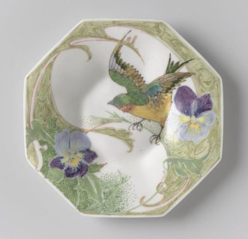 Plate, part of a service, painted with birds and violins