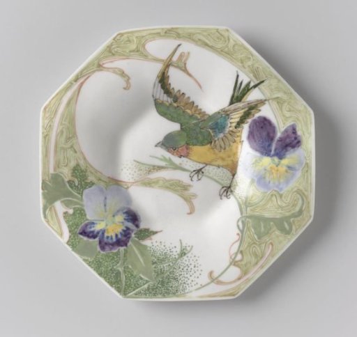 Plate, part of a service, painted with birds and violins