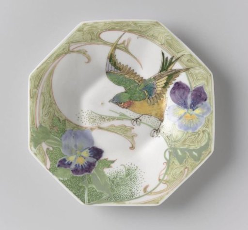 Plate, part of a service, painted with birds and violins