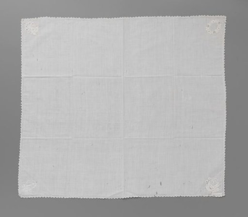Linen handkerchief with embroidered corners depicting fables by La Fontaine
