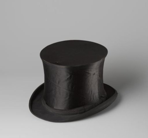 High hat of black satin, so-called claque, with feather mechanism