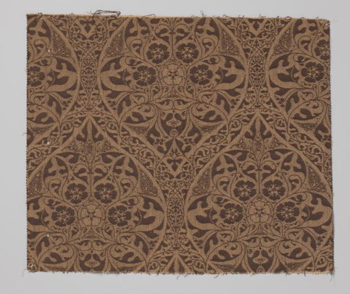 Fragment of upholstery fabric with a pattern of flowers, leaves, and butterflies within pointed oval frames