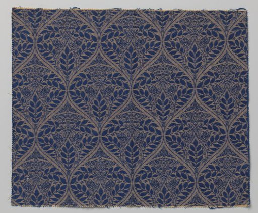 Upholstery fabric with a pattern of umbellifers and butterflies within pointed ovals