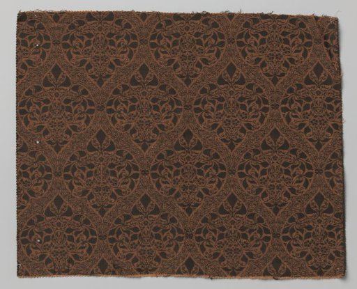 Upholstery fabric with a pattern of leaves and flowers within pointed oval bands of leaves