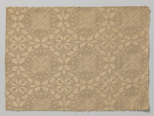 Upholstery fabric with a pattern of leaves and butterflies within pointed oval bands of leaves