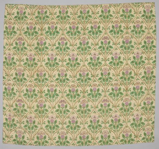 Fragment of printed cretonne with a pattern of clover with a butterfly within pointed ovals