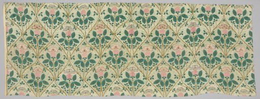Fragment of printed cretonne with a pattern of clover with butterfly within pointed ovals