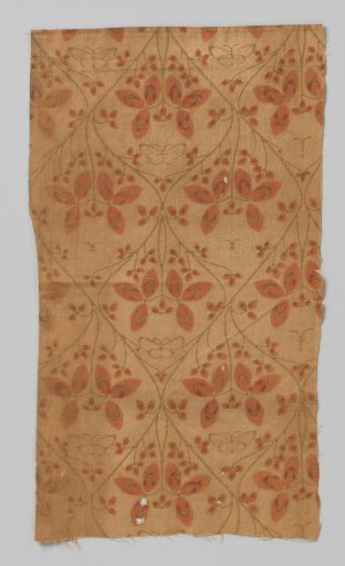 Fragment of printed cretonne with a pattern of clover with butterfly within pointed ovals