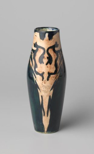 Vase with stylized decoration in dark blue and green on a brown-pink ground