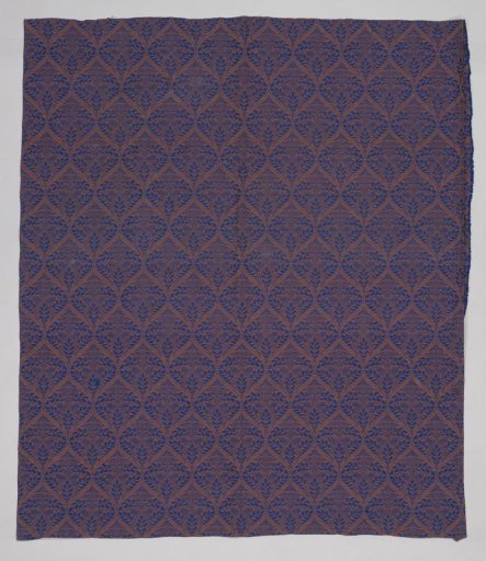 Fragment of curtain or upholstery fabric with a pattern of leaves, flowers, butterflies and beetles within pointed ovals