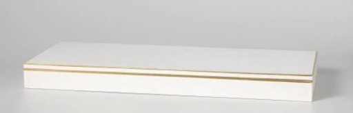 Fan box of cardboard, covered with white paper, edges trimmed with gold paper