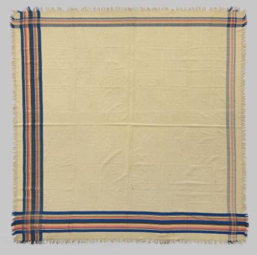 Square shawl of natural-colored wool with a woven border in blue, pink, ecru and black along the edges