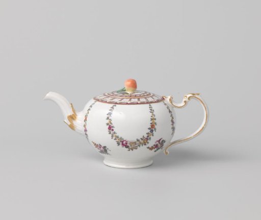 Cover of a teapot with bouquets and garlands