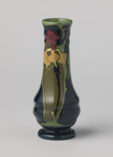 Vase painted with flowers in light and dark green.