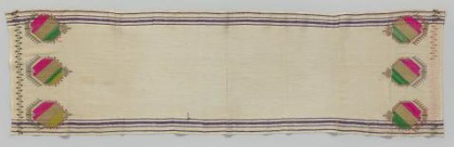Long shawl of ecru-coloured cotton gauze with blue stripes along the long side and at both ends three multicoloured embroideries with gold thread