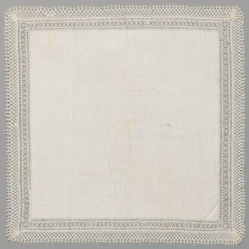 Chalice cloth or veil of linen with a border of lace embroidery and a border of bobbin lace around it