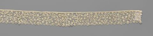 Strip of needle lace with fine flowers on C-shaped scrolls