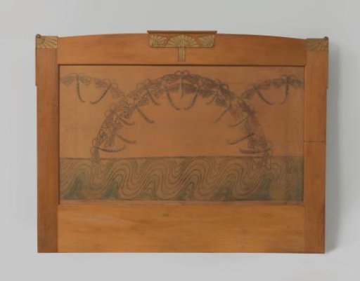 Top part of a maple mirror, partially painted gold. On the reverse, a plate and fire stamp of the firm Pander & Zonen; numbered 969.