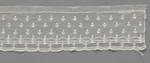Strip of bobbin lace with five rows of teardrop-shaped flowers on straight stems with two leaves, overlapping at the bottom with a decorative border of arches