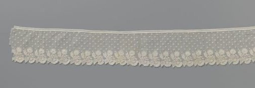 Strip of needle lace with rows of buttonholes and a flower branch with three flowers