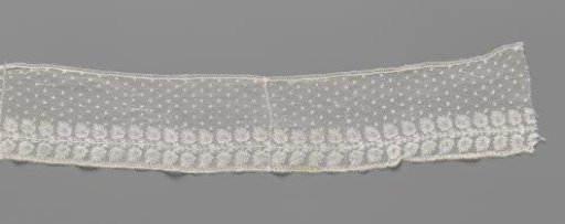 Strip of bobbin lace with pinecones mirrored under a scattered pattern of buds along a straight line