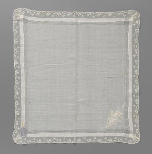 Batiste Handkerchief with an Embroidered Ribbon in One Corner Bearing the Name 'Julie' and a Border of Drawn Thread Work and Bobbin Lace