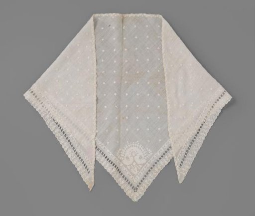 Fichu of linen batiste, triangular, scalloped around the edges and decorated with tambour work and a filler of fils tirés