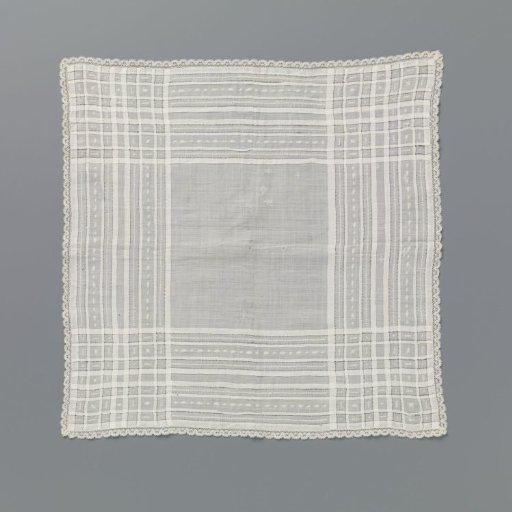 Batiste Handkerchief with Embroidery between Drawn Thread Work and a Border of Bobbin Lace with a Rosette in Each Shell