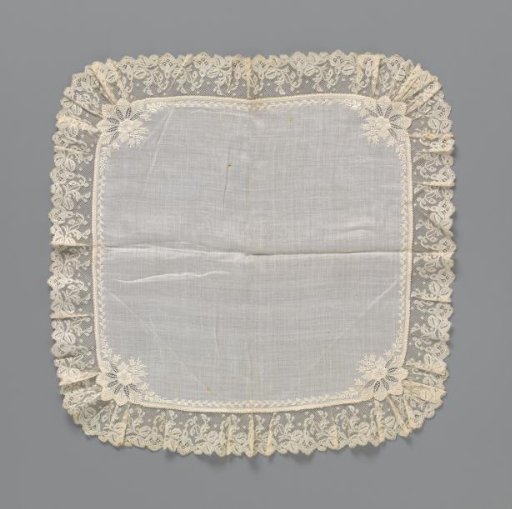 Handkerchief of batiste with embroidery and finished around with a border of bobbin lace