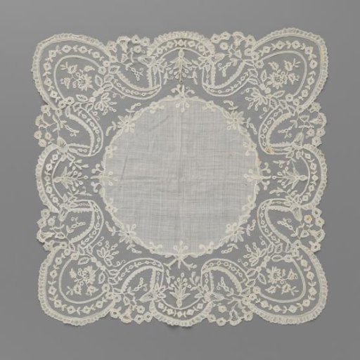 Handkerchief of batiste trimmed with a wide border of appliqué lace with U-shaped ornamental bands
